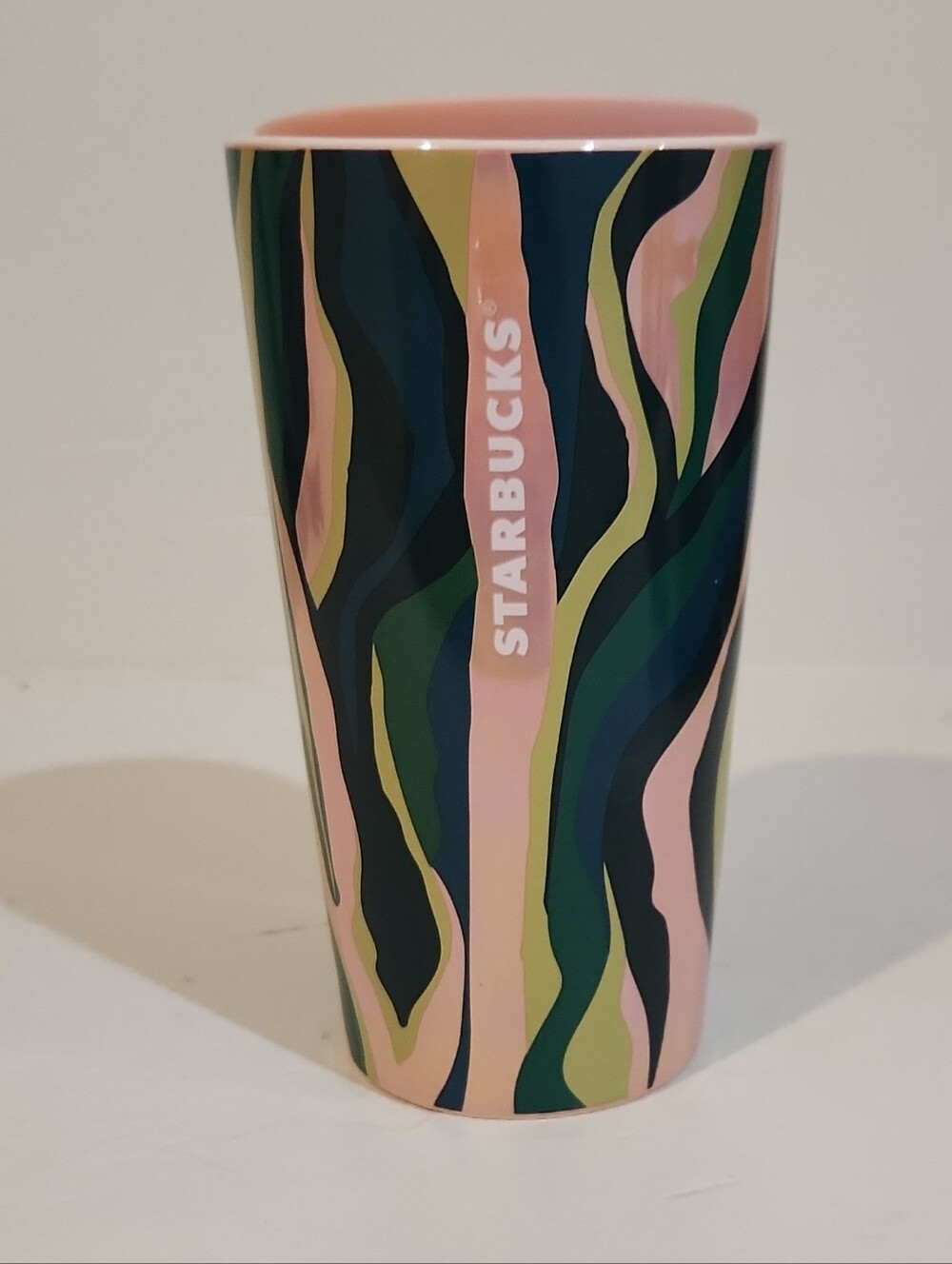 Starbucks Ceramic Tumbler in Pink, Green and Navy Wave Design